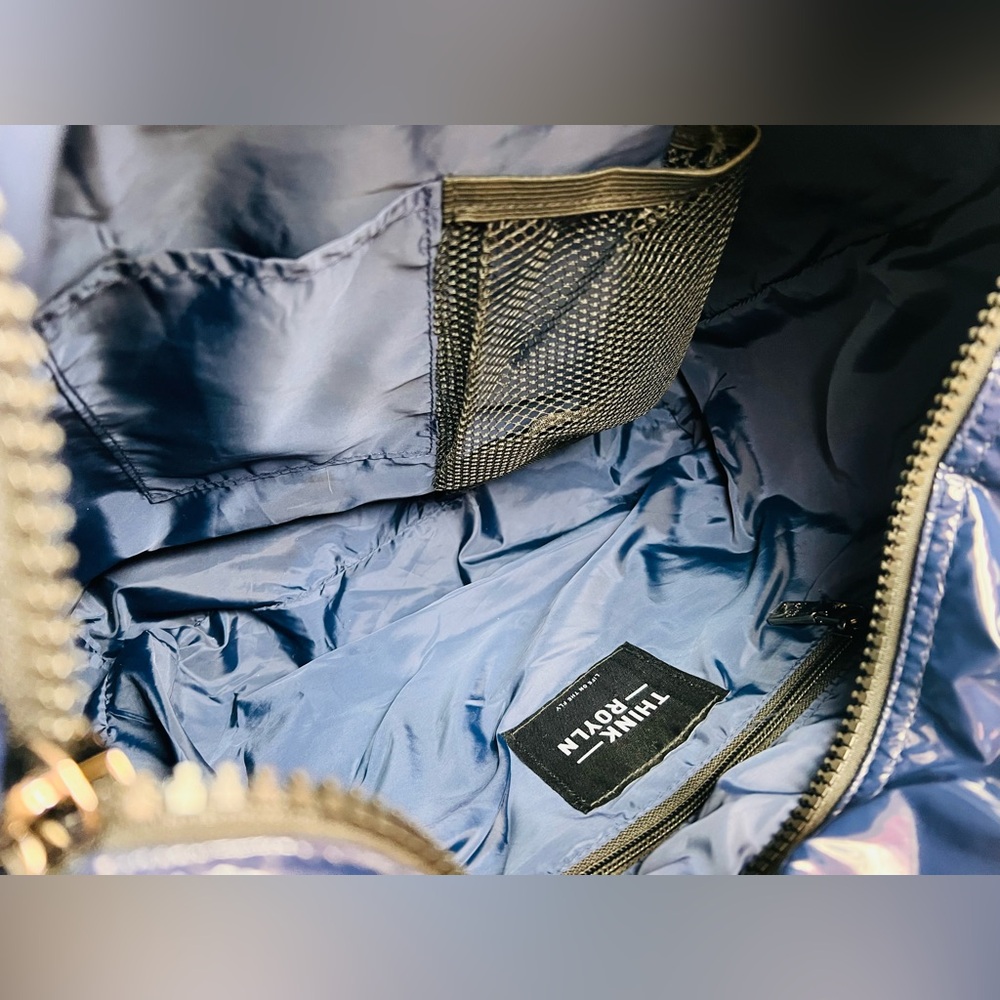 Think Royln Patent Wingman Puffer Tote Large Cobalt Blue Travel Shoulder Bag - Picture 8 of 16
